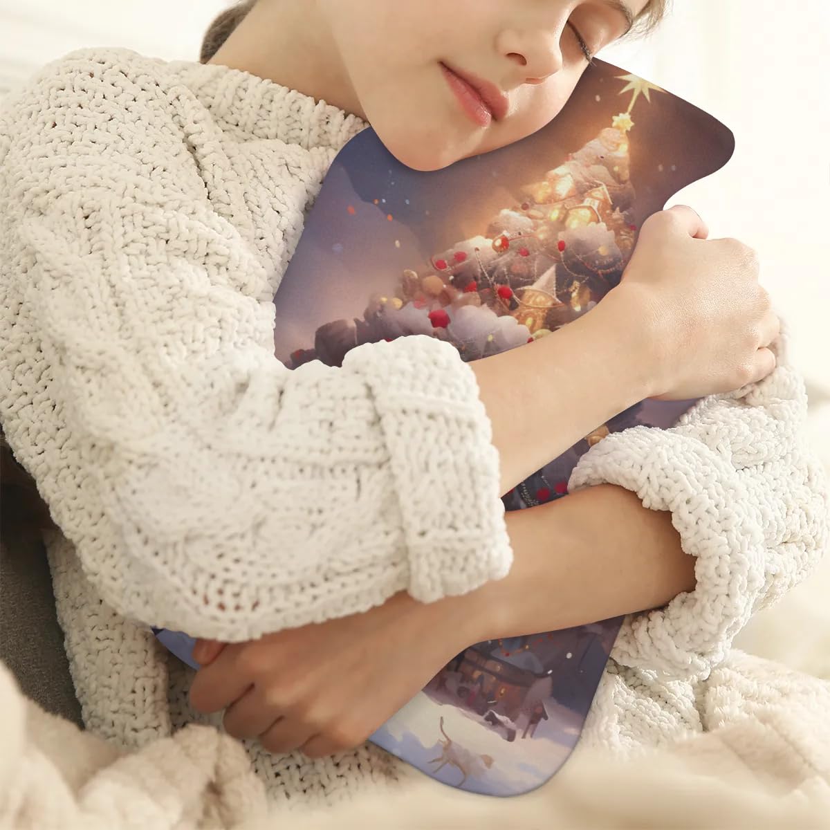 Hot Water Bottle with Soft Cover,2L Xmas Tree Hot Water Bag for Hot and Cold Compress, Hand Feet Warmer, Oil Painting Tree Rubber Hot or Cold Water Bottle Halloween Christmas Decorations