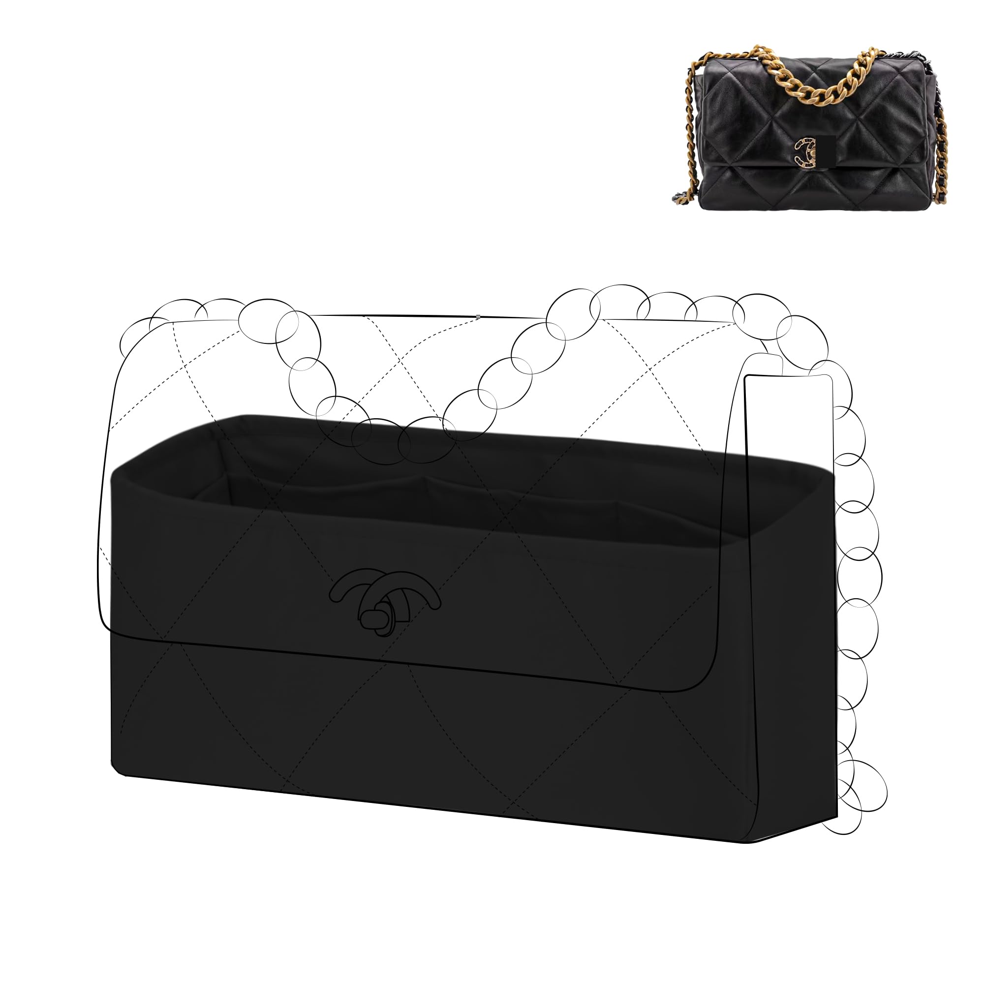 Dgaz Black Silk Purse Organizer Insert Fits Chanel 19 Handbag，Silky Smooth Bag Organiser, Luxury Handbag & Purse Shaper (, Jumbo30)