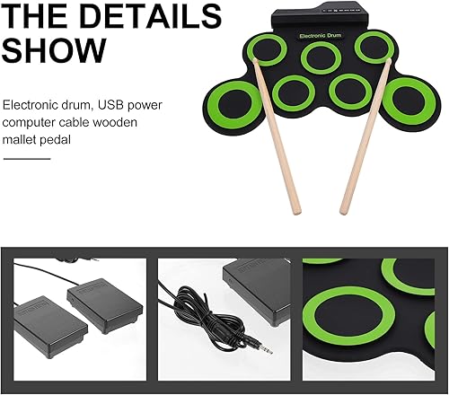 Miniatura 8 de Generic Juego de batería electrónica portátil, almohadilla de práctica enrollable midi, kit de batería con pedales de pie de gato, 10 horas de