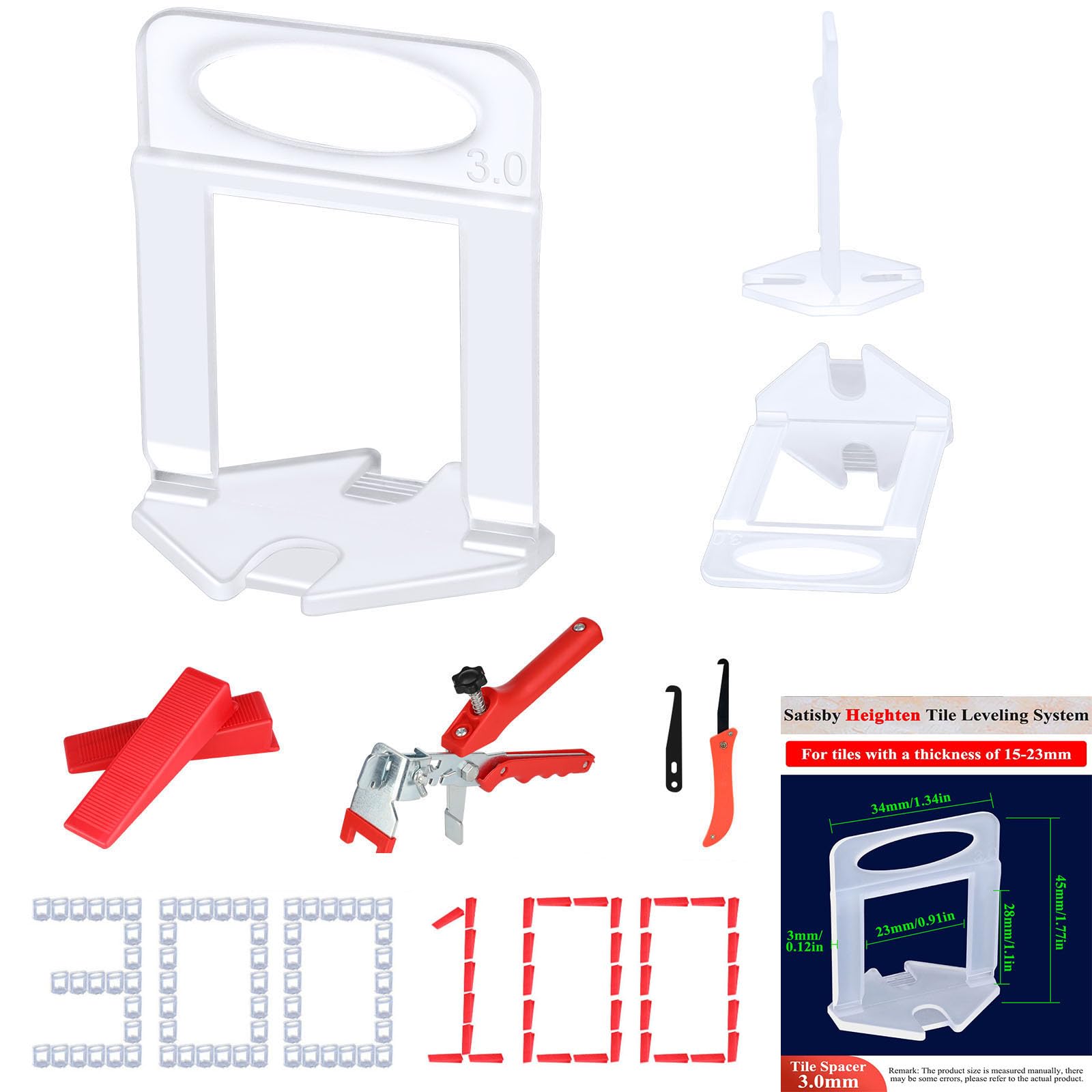 Clip Livello Piastrella da 3 mm-300 clip distanziali per piastrelle, 100 cunei riutilizzabili e 1 pinza, per Utensili Livellamento Piastrelle 3-28mm
