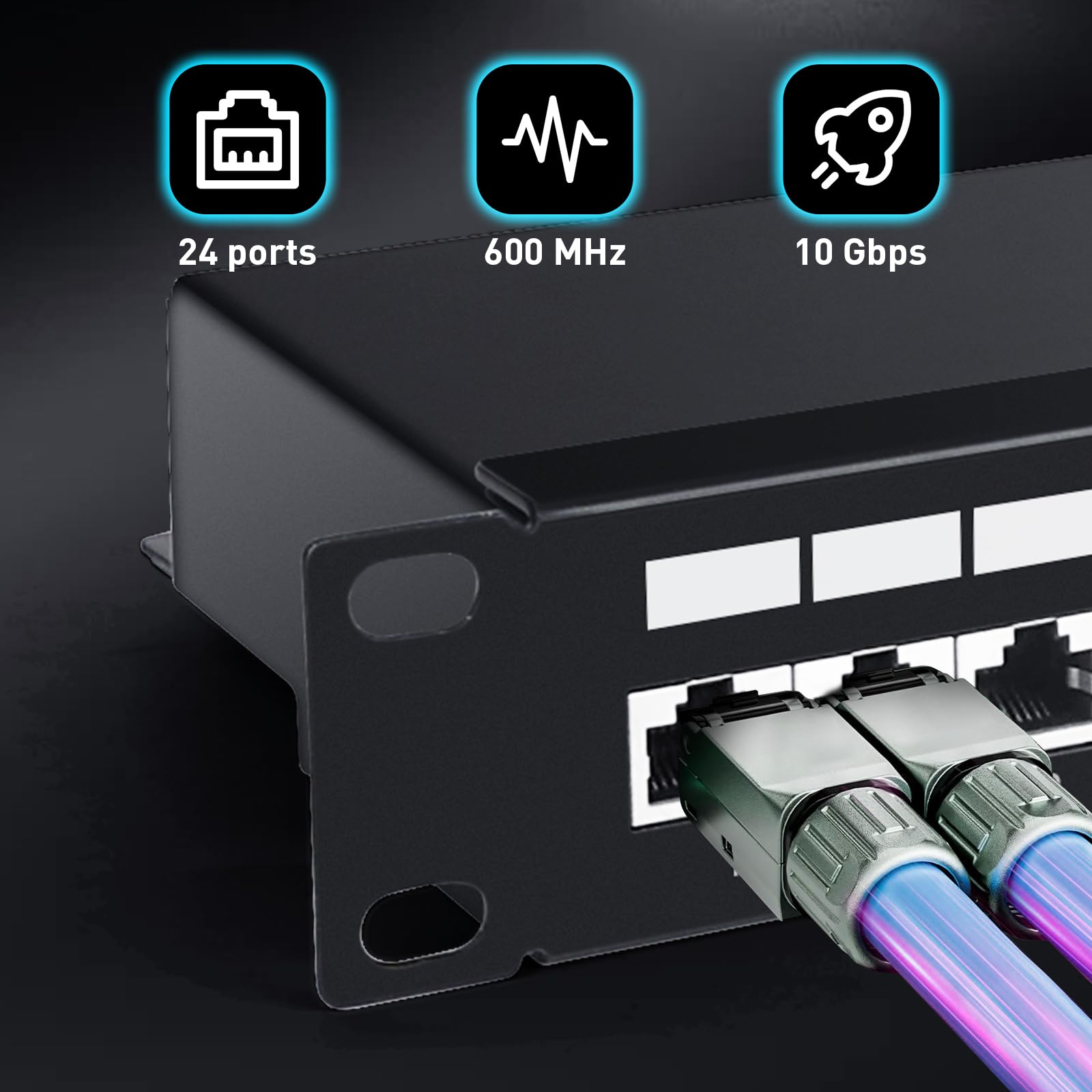 Kit Panel de Conexiones CAT 7 24 Puertos Blindado, 600 MHz, 10 Gbit/s con Accesorios para Montaje en Rack 19"