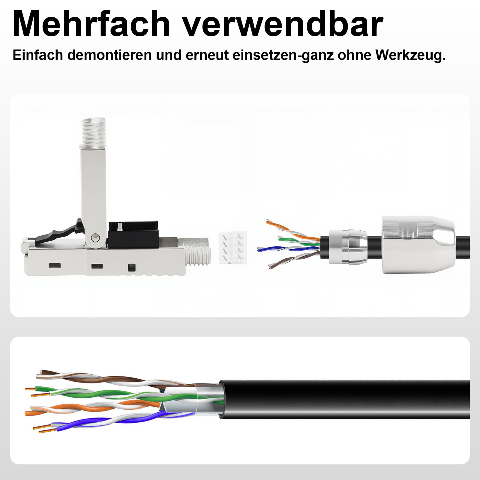 Quevati 4 stuks RJ45 CAT7 netwerkstekker, LSA-afgeschermd, 10 Gbps RJ45-stekker zonder gereedschap voor installatiekabel, 600 MHz, voor patchkabel, installatiekabel, CAT7, CAT6A Quevati 4 stuks RJ45 CAT7 netwerkstekker, LSA-afgeschermd, 10 Gbps RJ45-stekker zonder gereedschap voor installatiekabel, 600 MHz, voor patchkabel, installatiekabel, CAT7, CAT6A