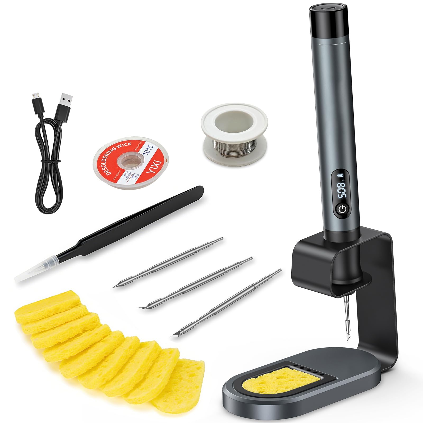 Soldador de estaño inalámbrico con LCD, 7 s de calentamiento rápido, temp. 200–450 °C, USB-C recargable, auto reposo, 3 puntas C210, kit portátil para DIY y reparación electrónica