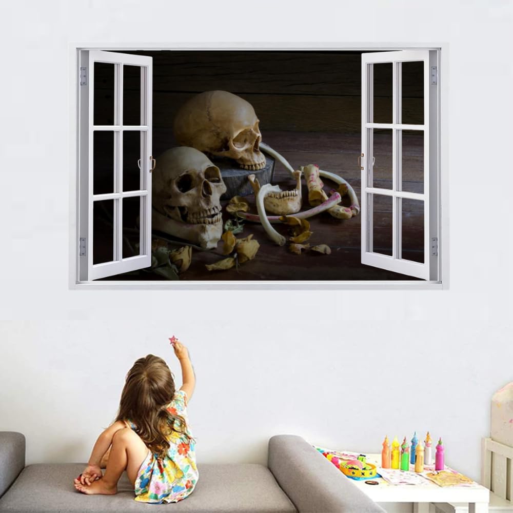 Adesivo Da Parete 3D Rimovibile Scheletro Decorazione Da Parete, Pavimento, Soffitto, Decalcomania Fracassata, Decorazione Artistica Cranio Per Soggiorno, Murale 120x80cm
