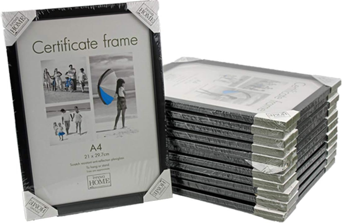Pack of 12 Plastic A4 Certificate Photo Picture Frame Styrene Acetate Fronts With Stands (Black)