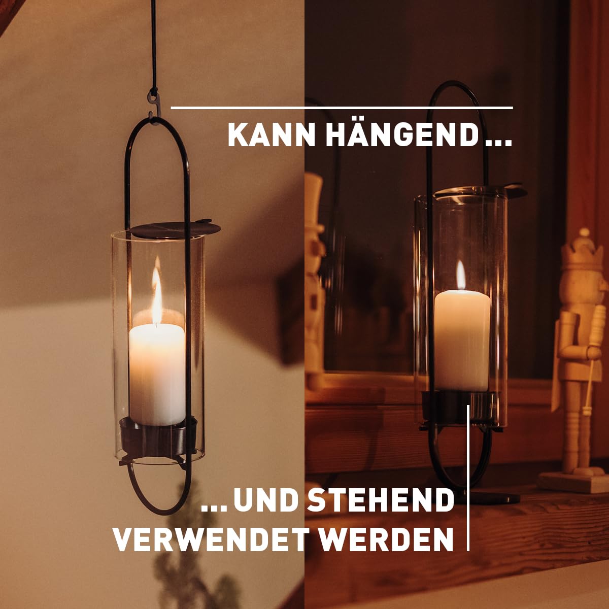 höfats - OVAL Candle 35 schwarz - Windlicht zum Aufstellen oder Hängen - Kerzenständer aus Edelstahl und Glas - Kerzenhalter für Stumpenkerzen bis 10 cm - leichte Reinigung - Höhe 35 cm