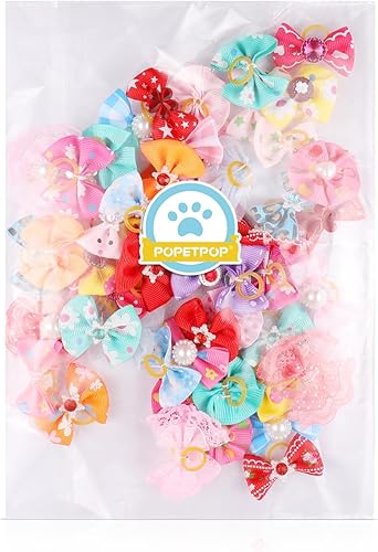 Miniatura 6 de 50 lazos para perros con bandas de goma, lazos para el pelo de mascotas, gatos, perros, cuentas de diamantes de imitación multicolor, lazos para