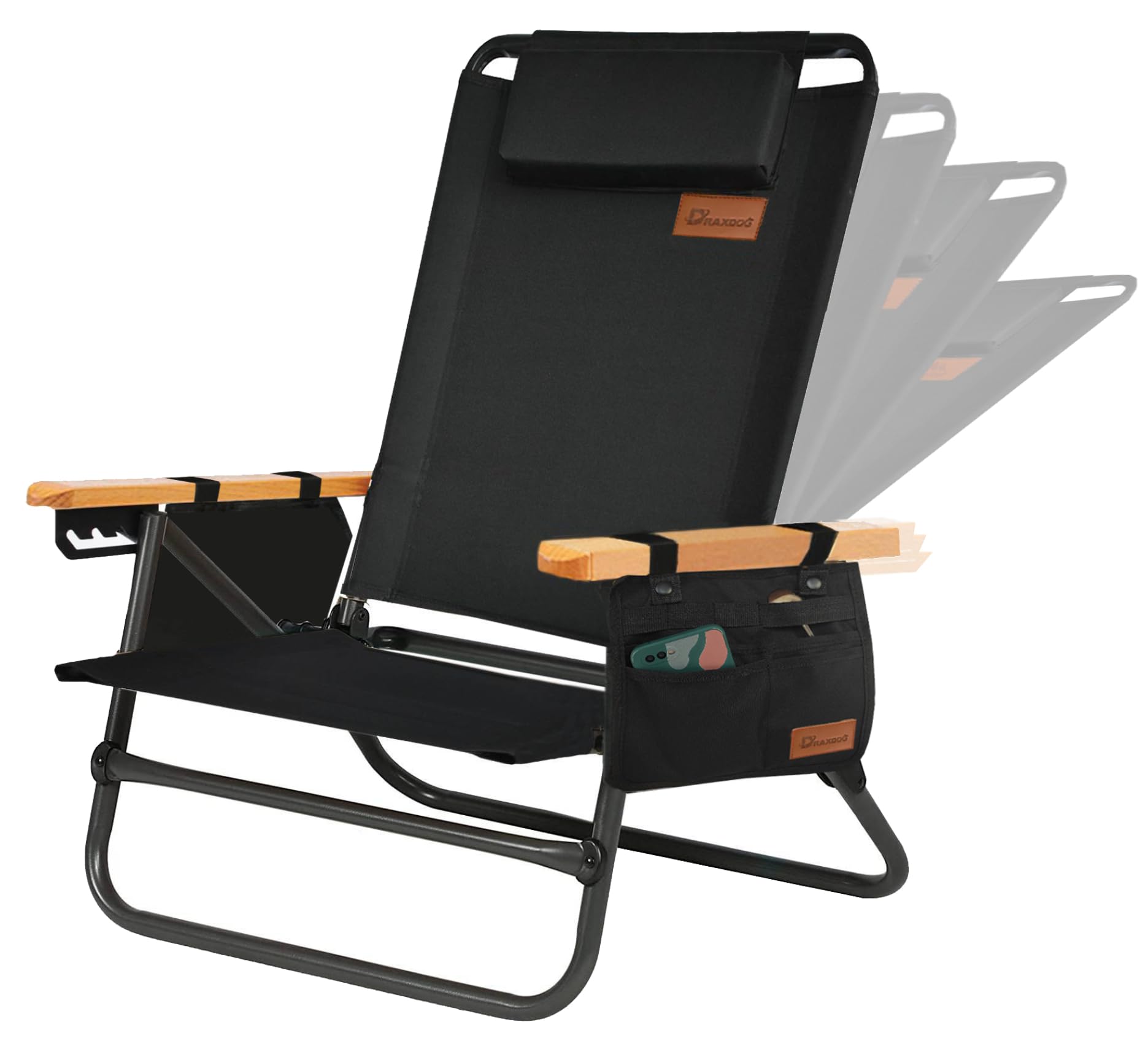 DRAXDOG Folding Backpack Beach Chair with 4 Positions, Head Pillow, Storage Bag, Phone Holder, Lightweight Design, Folding Fishing Backpack Lawn Chairs SD (Black)