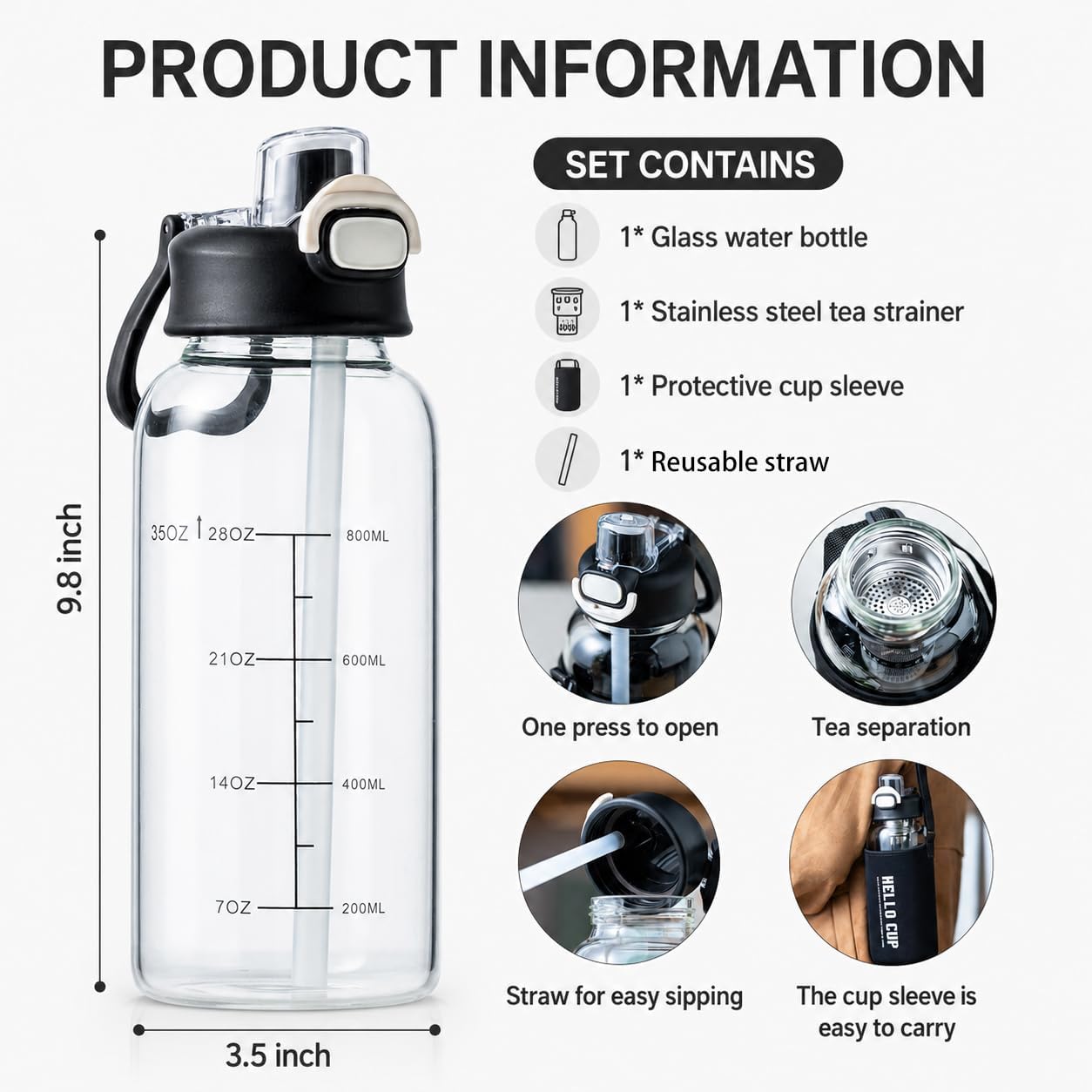 35oz Glass Water Bottle with Straw & Handle, BPA-Free Leakproof Glass Water Bottles with Stainless Steel Tea Strainer & Protective Sleeve for Travel, Gym, Home, Office (1PCS) image 2