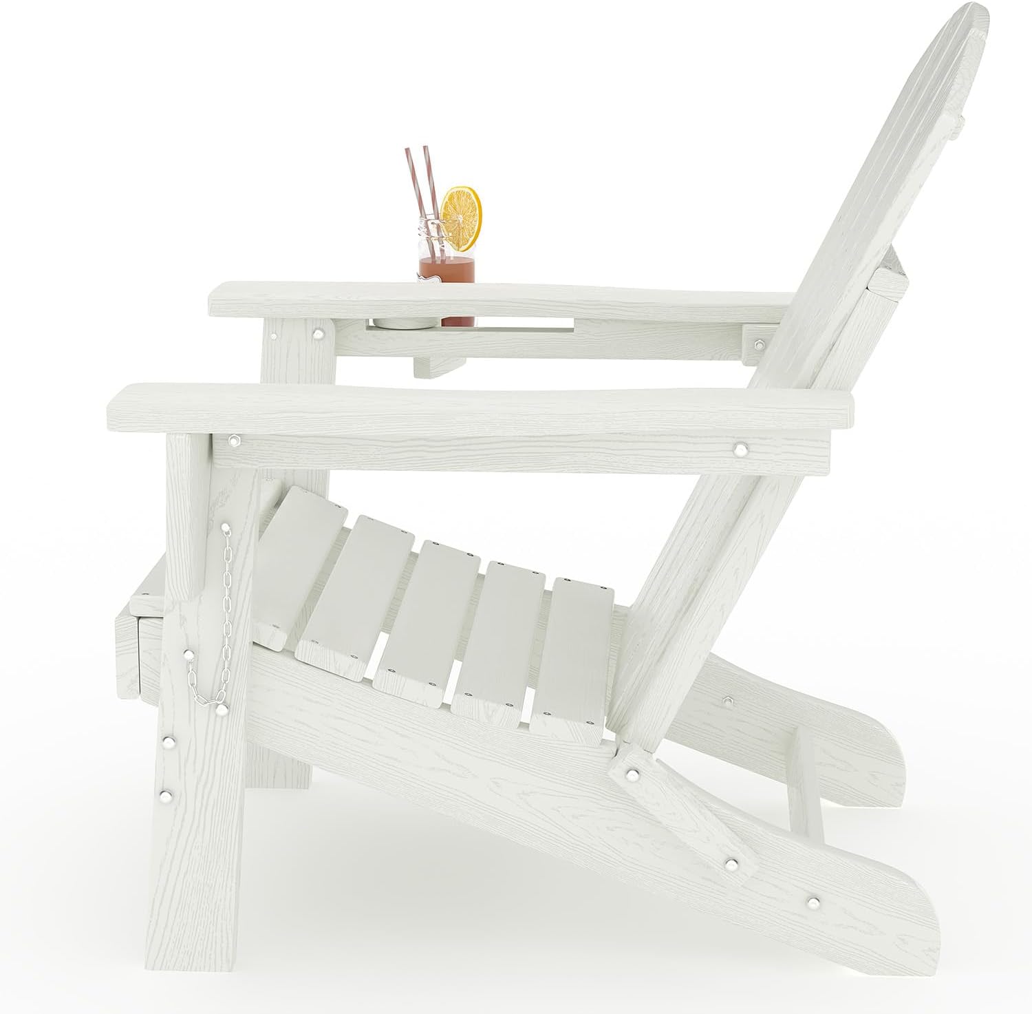 GarveeLife Folding Adirondack Chair Set of 2 with Side Table, All-Weather HDPE Outdoor Chair, Wooden Textured with Cup Holder for patios, Decks, Gardens, fire pits, White