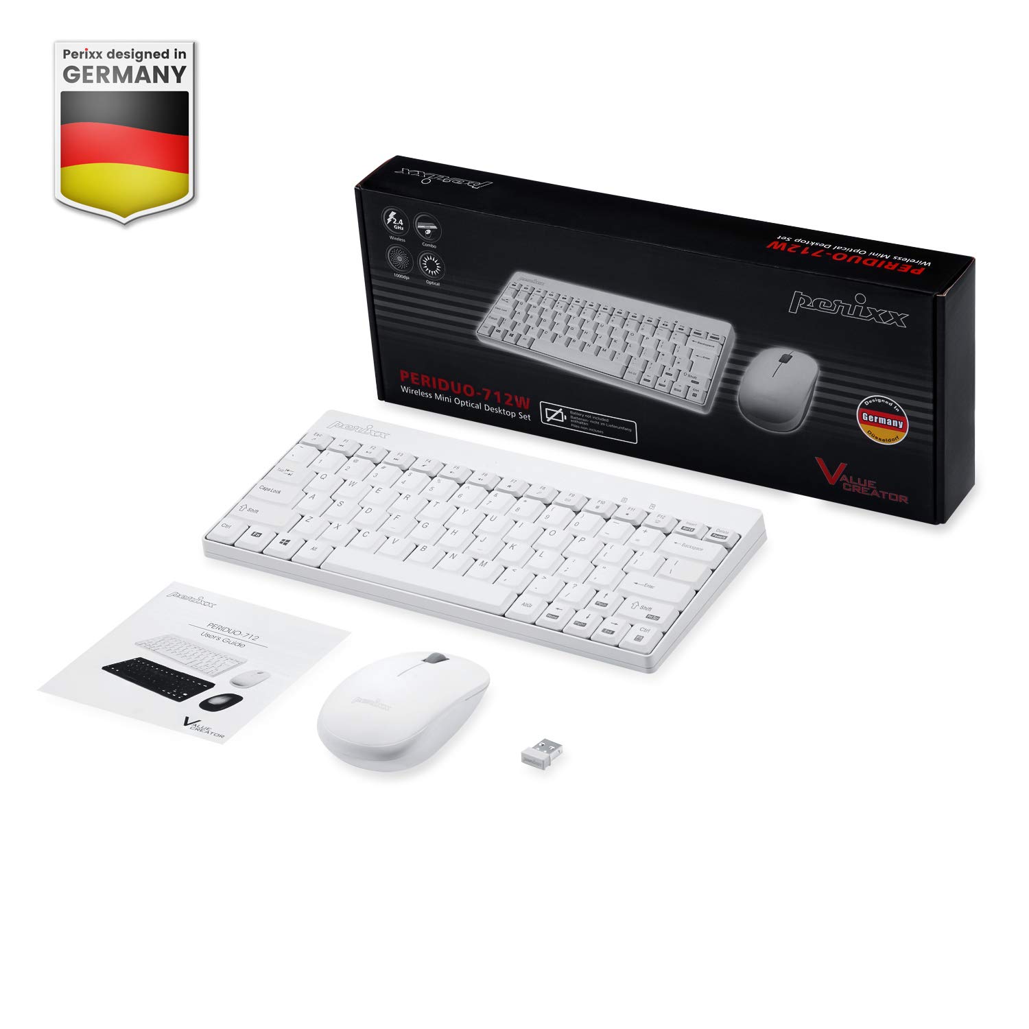 Perixx PERIDUO-712W Combo Teclado Pequeño y Ratón Inalámbrico para Windows, 2.4 GHz con Receptor USB, QWERTY Español, Blanco