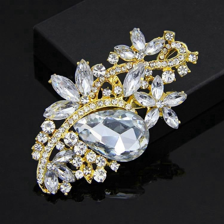 Image of Wedding Bridal Big Crystal Rhinestone Bouquet Brooch Pin for Women (Gold Tone-silver)