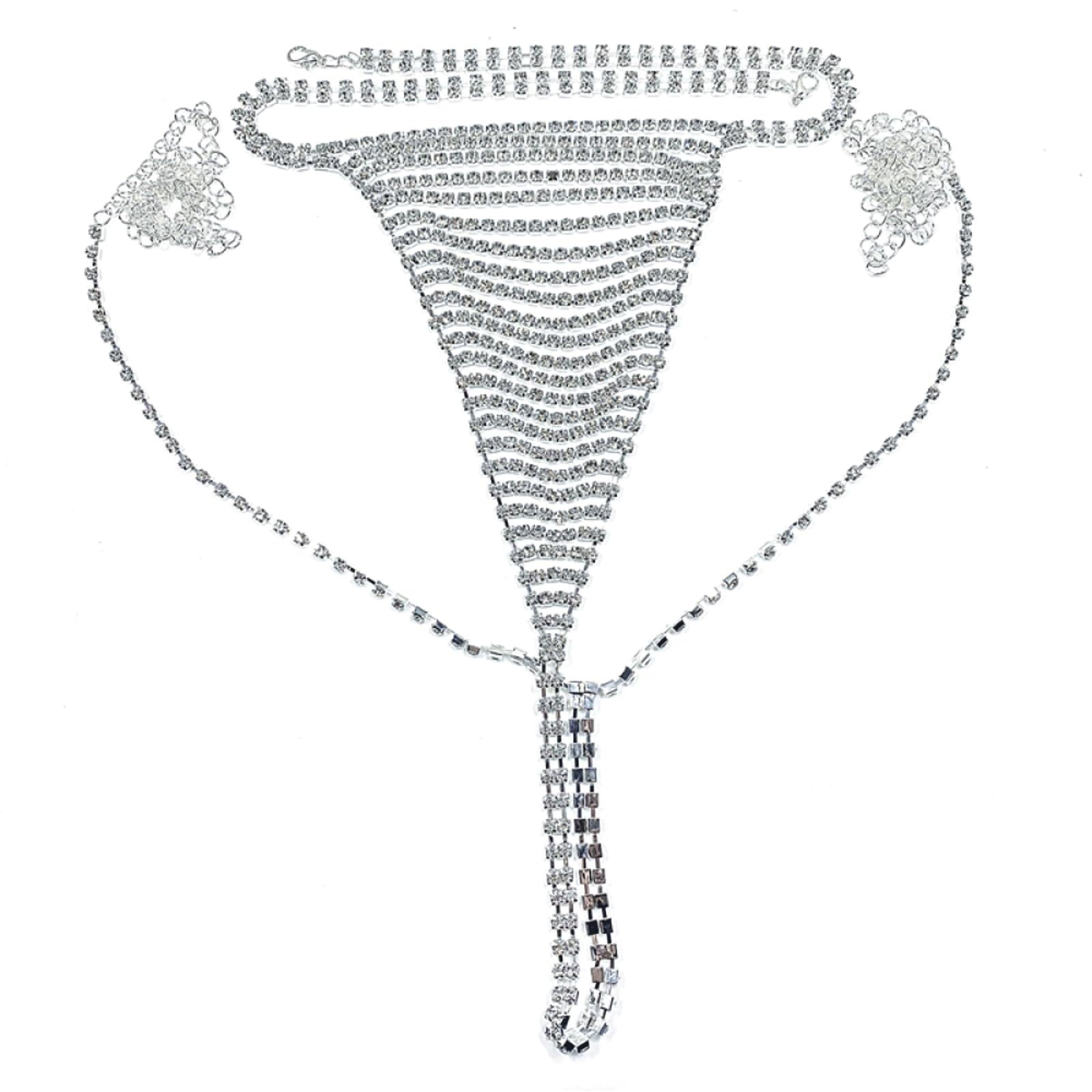 KLXSIVU Charm Chain Body Jewelry For Women Belt Bikini Plus Size Thong Adjustable Sexy Rhinestone Panties Underwear