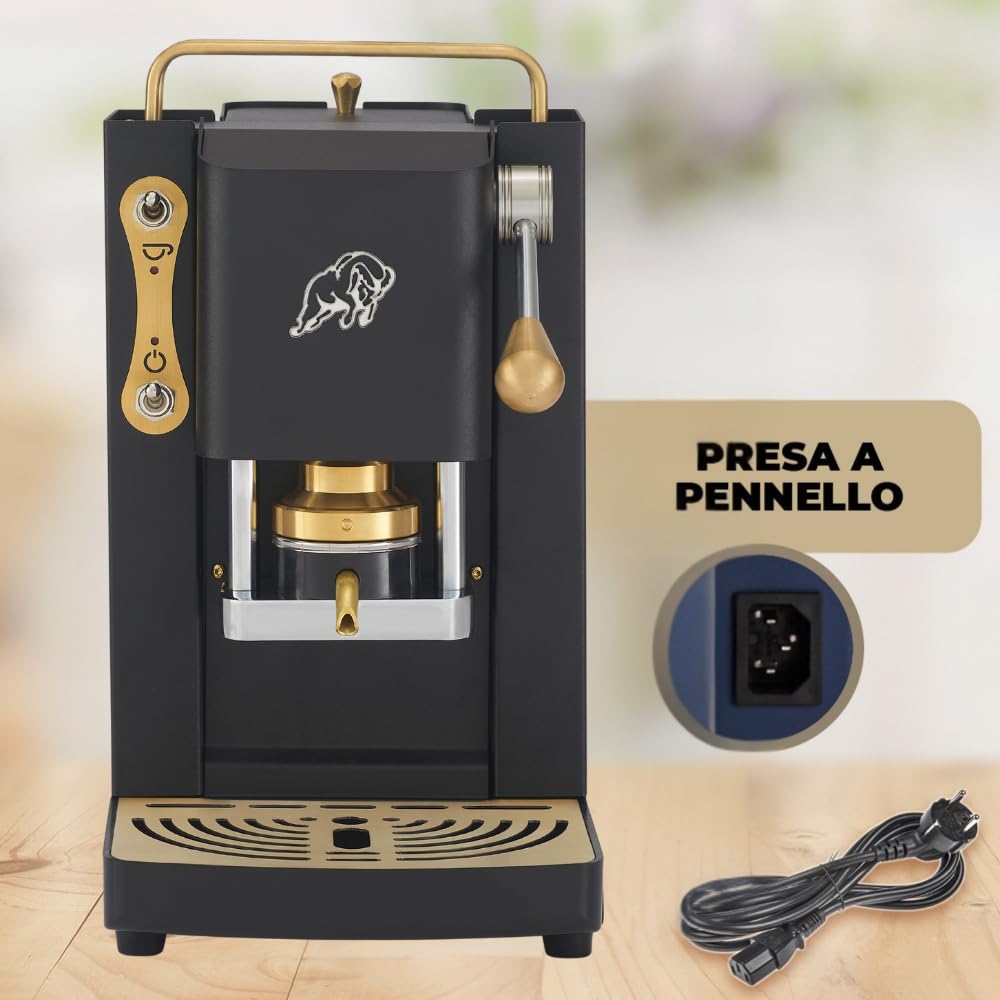 FABER COFFEE MACHINES | 3.0 PRO ESSENTIAL | Macchina Caffè ESE 44mm Compatta con, Tanica in Vetro, Portacialda Estraibile e Pressacialda Ottone Regolabile (Black, OTTONE)