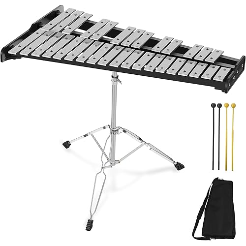 32 Note Glockenspiel Xylophone Percussion Kit with Height Adjustable Stand, Drumsticks and Carry Bag
