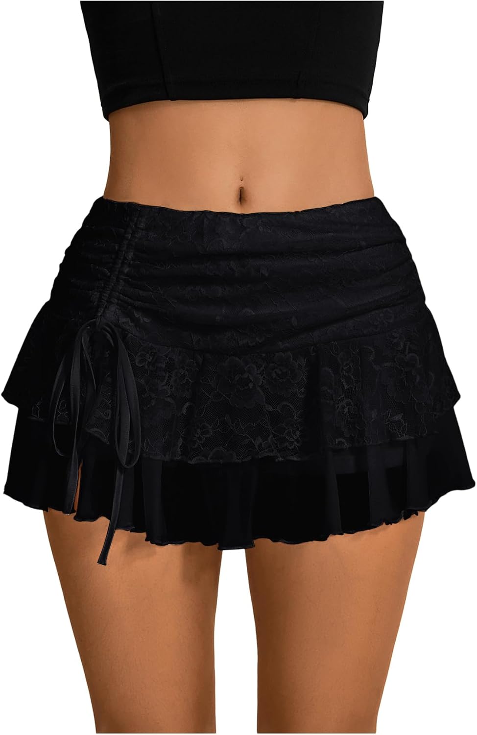 Verdusa Women's Y2k Lace Ruffle Mini Skirt Mesh High Waist Layered Skirt Skort Boho Outfits Micro Shorts Medium Black