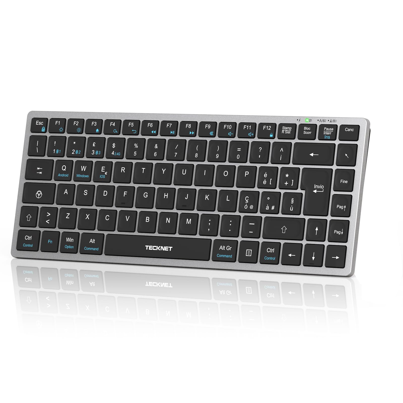 TECKNET Tastiera Bluetooth Ricaricabile, 4-Dispositivo (2.4G USB+3 BT), Mini Tastiera Wireless Italiana, Easy-Switch per Windows, MacOS, iOS, Android, Samsung Tablet, Smart TV, Italiano Layout QWERTY