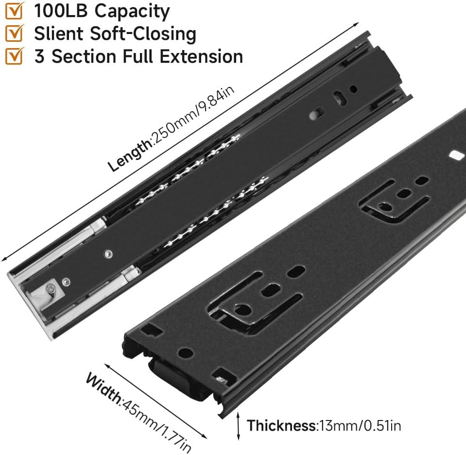 1 Pair 10-Inch Soft Close Ball Bearing Drawer Slides, 100lb Heavy Duty Full Extension Buffer Slides for Kitchen Cabinet and Wardrobe (10/12/14/16/18 Inch Available)