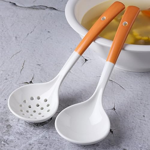 Vista 5 de Juego de 2 cucharones de cerámica con cucharón grande para sopa con espumadera, cucharones ranurados, cucharones de cocina, cucharas coladoras