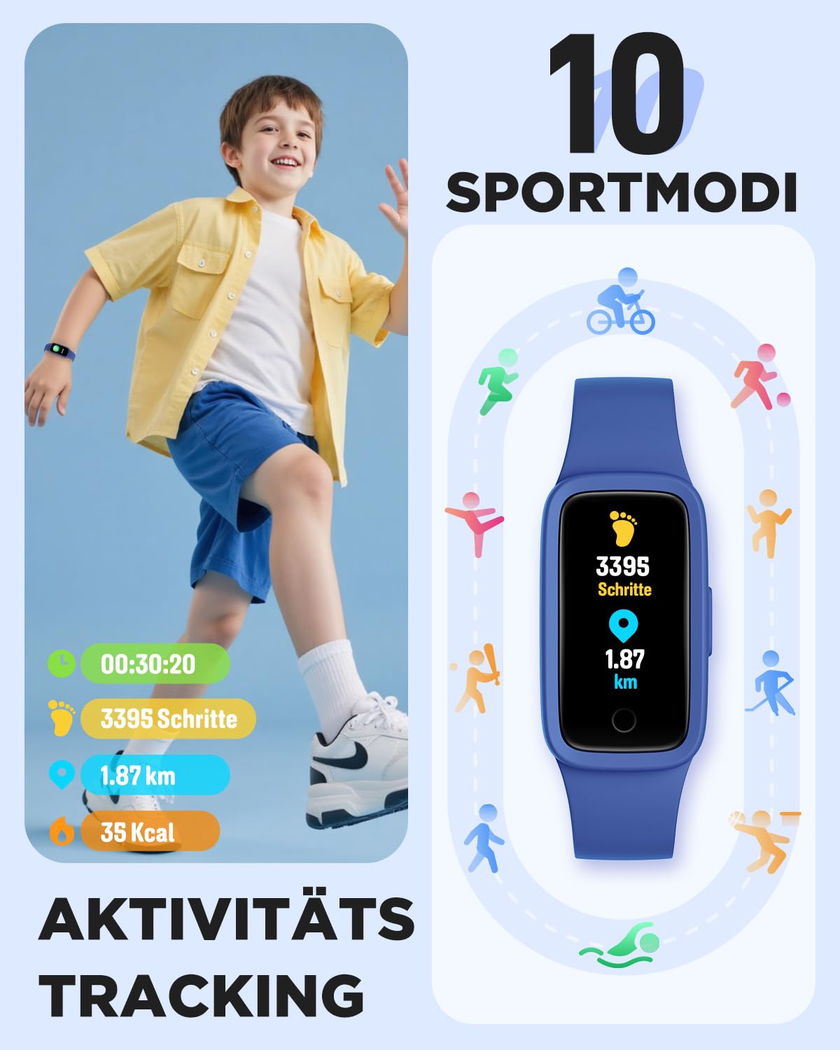 BIGGERFIVE Vigor 3 Kinder Fitness Armband Uhr mit AMOLED Display ohne App & ohne Smartphone, 3ATM wasserdicht, Pulsuhr, Schlaftracker Fitnessuhr, Sportuhr Schrittzähler für Kinder 5-12 Jahre, Blau