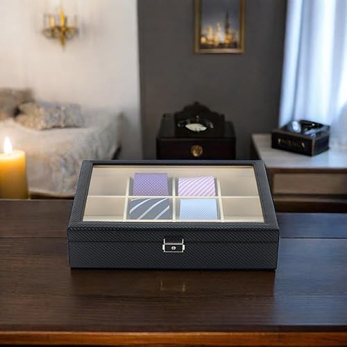 Miniatura 8 de Estuche para 12 corbatas cinturones y accesorios para hombre caja de almacenamiento de fibra de carbono negra para el Día del Padre Fibra de carbono