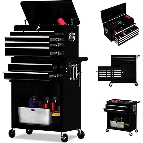 8 Drawer Rolling Tool Chest, High Capacity Tool Box with Lockable Wheels and Drawers, 2 in 1 Portable Toolbox Organizer Storage Cabinet For Garage, Warehouse, Repair Shop