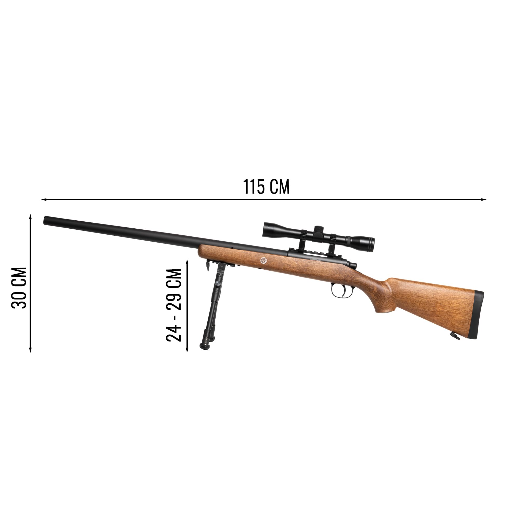 Fucile sniper softair a molla VSR10 bolt action color legno, canna/otturatore metallo, POTENZA 0,9 JOULE, 2 slitte 20mm, caricatore 18 colpi, 1150mm 2270g