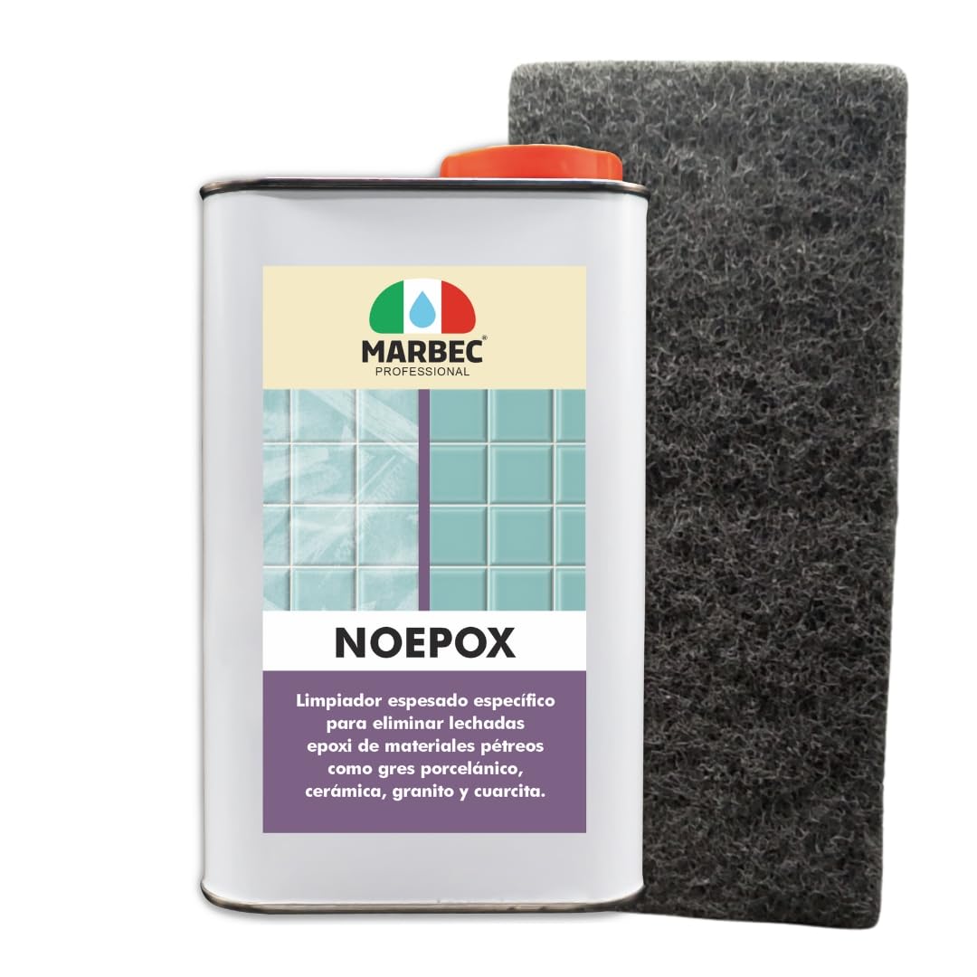 MARBEC NOEPOX 1LT + TAMPÓN NEGRO Limpiador espeso específico para eliminar residuos y manchas de lechadas epoxi en gres, cerámicas, granitos y cuarcitas.