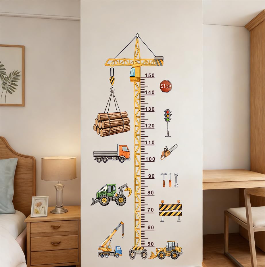 Cartoon Car Height Growth Chart for Kids Removable Measure Wall Ruler for Children Nursery Wall Sticker Baby Bedroom Toddler Living Room Playroom Decal (Engineering Vehicle)