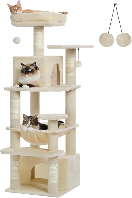 PAWZ Road Arbre de chat, 53.5 Inches Tour de chat Tall avec des hamacs spacieux, des condos et des poteaux de scratching, Maison de chat avec double perches rembourrées pour les grands chats intérieurs-Beige