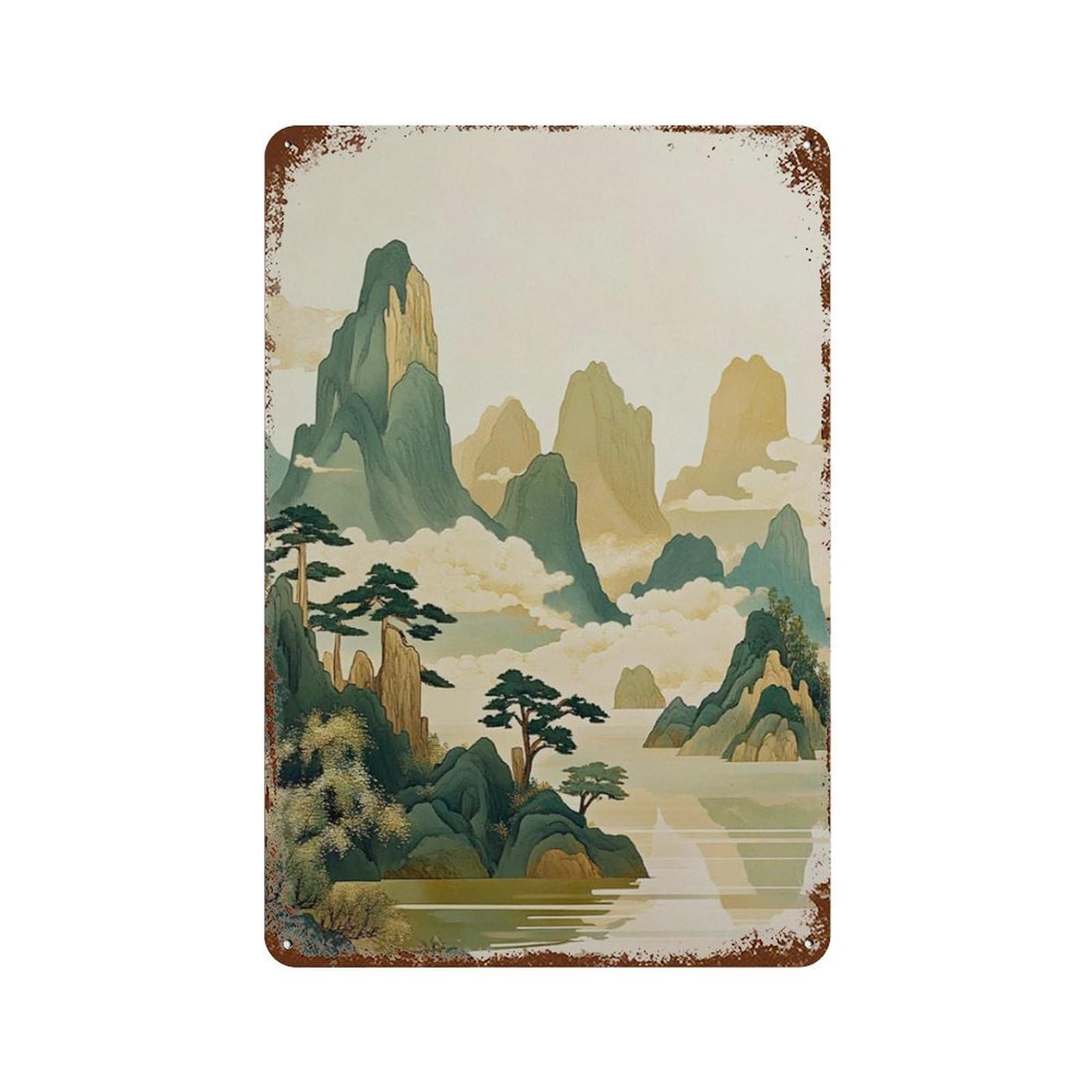 xiaoxiaoshen Chinese Mountain Landscape Asian Misty Mountains Oriental Nature Serene Lake Wor Wall Decor Art Metal Tin Poster Modern Home Decor Art Home Bar Shop Decorations Vintage Sign 30x20cm