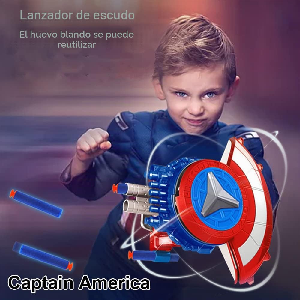 Escudo Capitán Lanzador con 20 Balas de Esponja, Escudo Defensivo y Lanzador, Juguete de héroe, Regalo de Accesorios de Cosplay para Niños