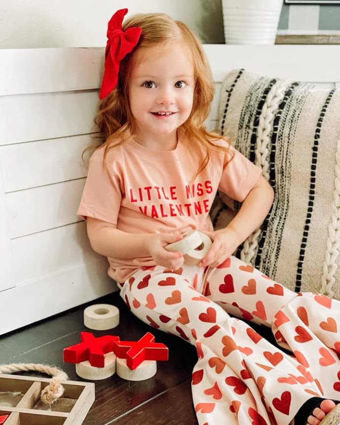 Toddler Baby Girl Outfit Valentines Day Little Miss T Shirt Top Love Heart Bell Buttoms Pants Spring Clothes (Pink Love Heart,6-12 Months)