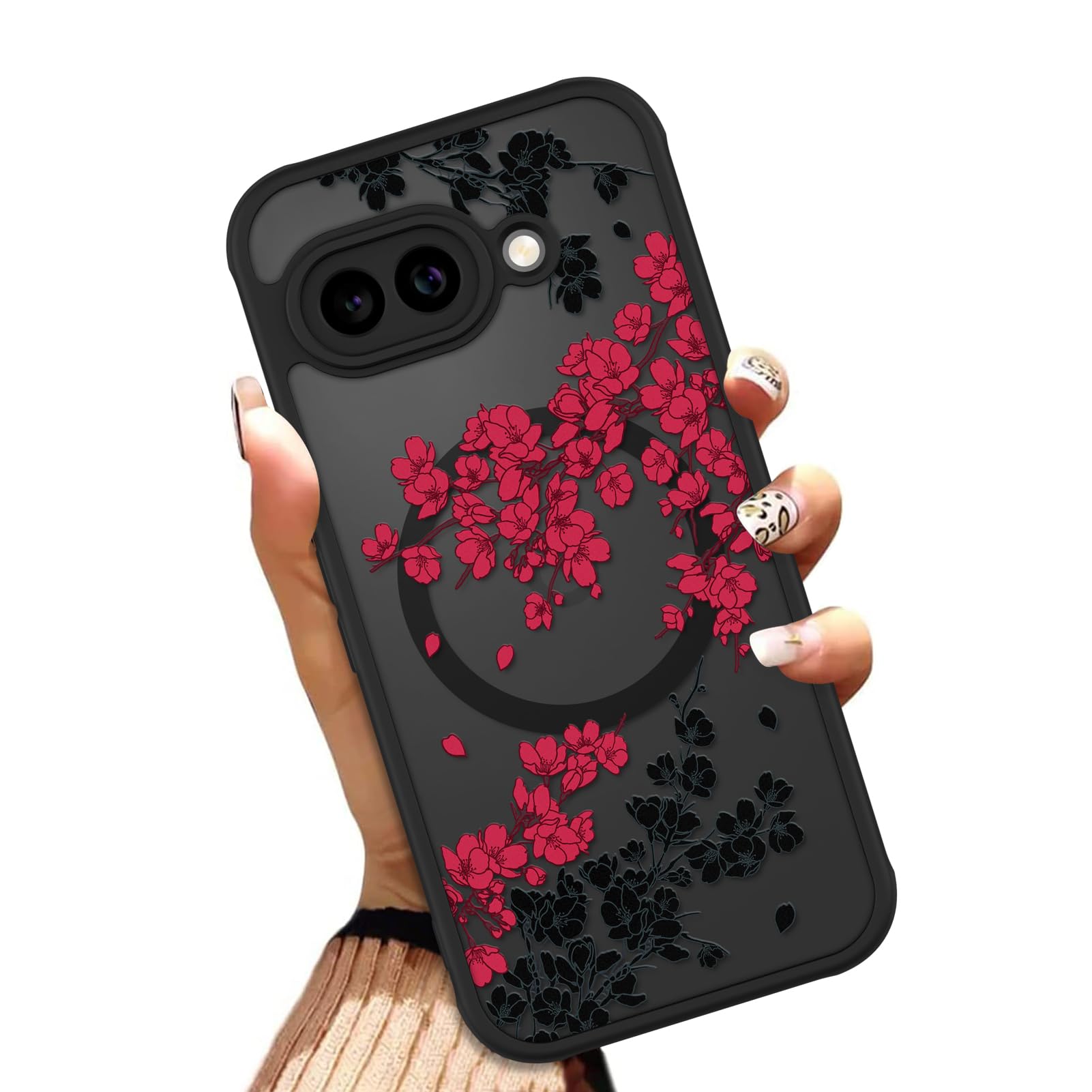 OOK Case for Google Pixel 9A 6.3 Inch (Compatible with MagSafe) Floral Flowers Design Translucent Phone Cover Soft TPU + Hard PC Anti-Scratch