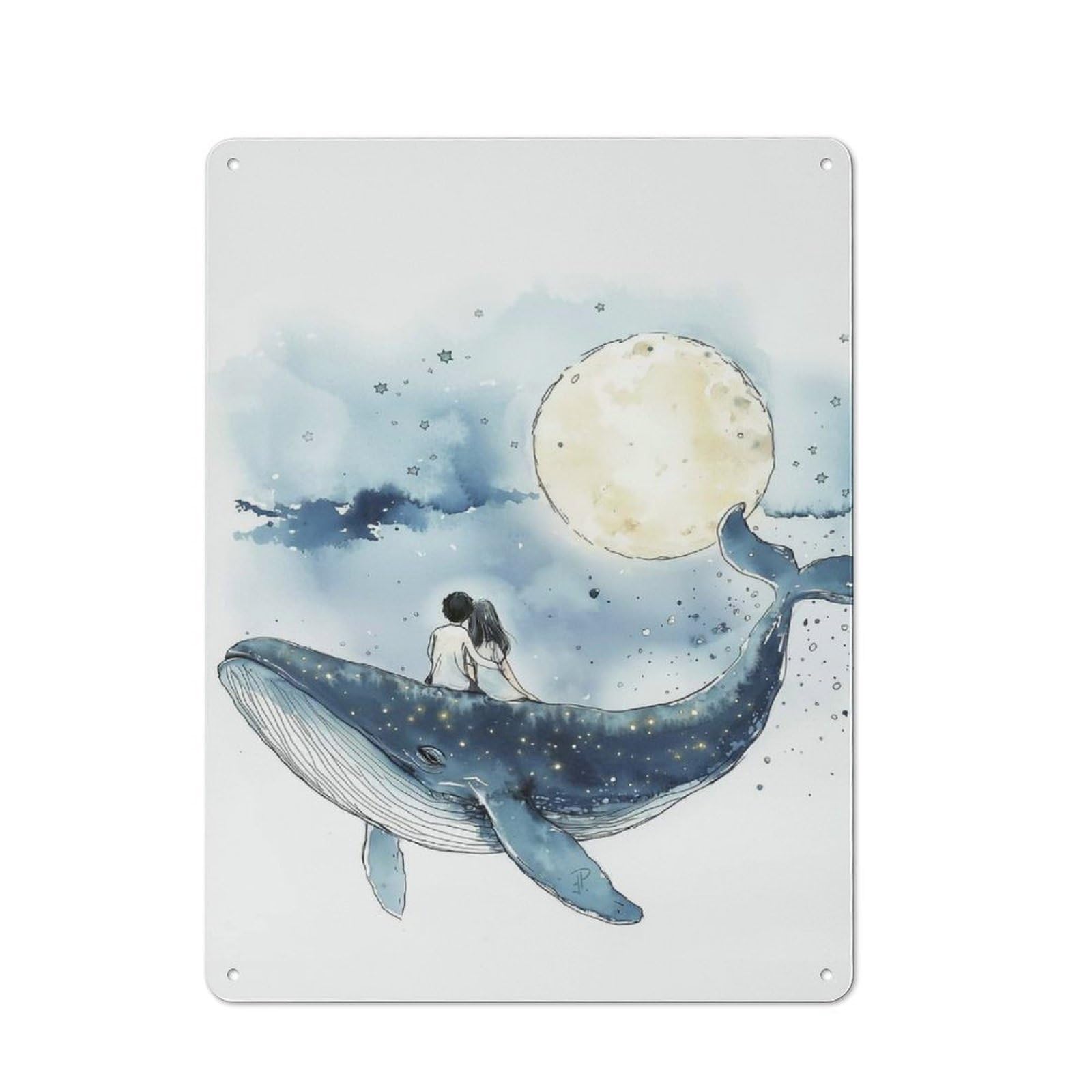 Junmoney Couple On Whale Under Moon Tin Sign With Design 40X30cm, Classic Studio Wall Plaque For Workspace, Cafe, Shop Or Desk Area