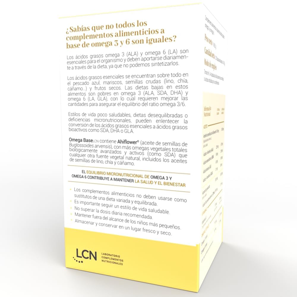 LCN Omega Base LCN Complemento Alimenticio Omega 3 + Omega 6 (DHA, ALA, SDA, LA y GLA), No Contiene EPA, Certificado IFOS, (1 Envase de 120)