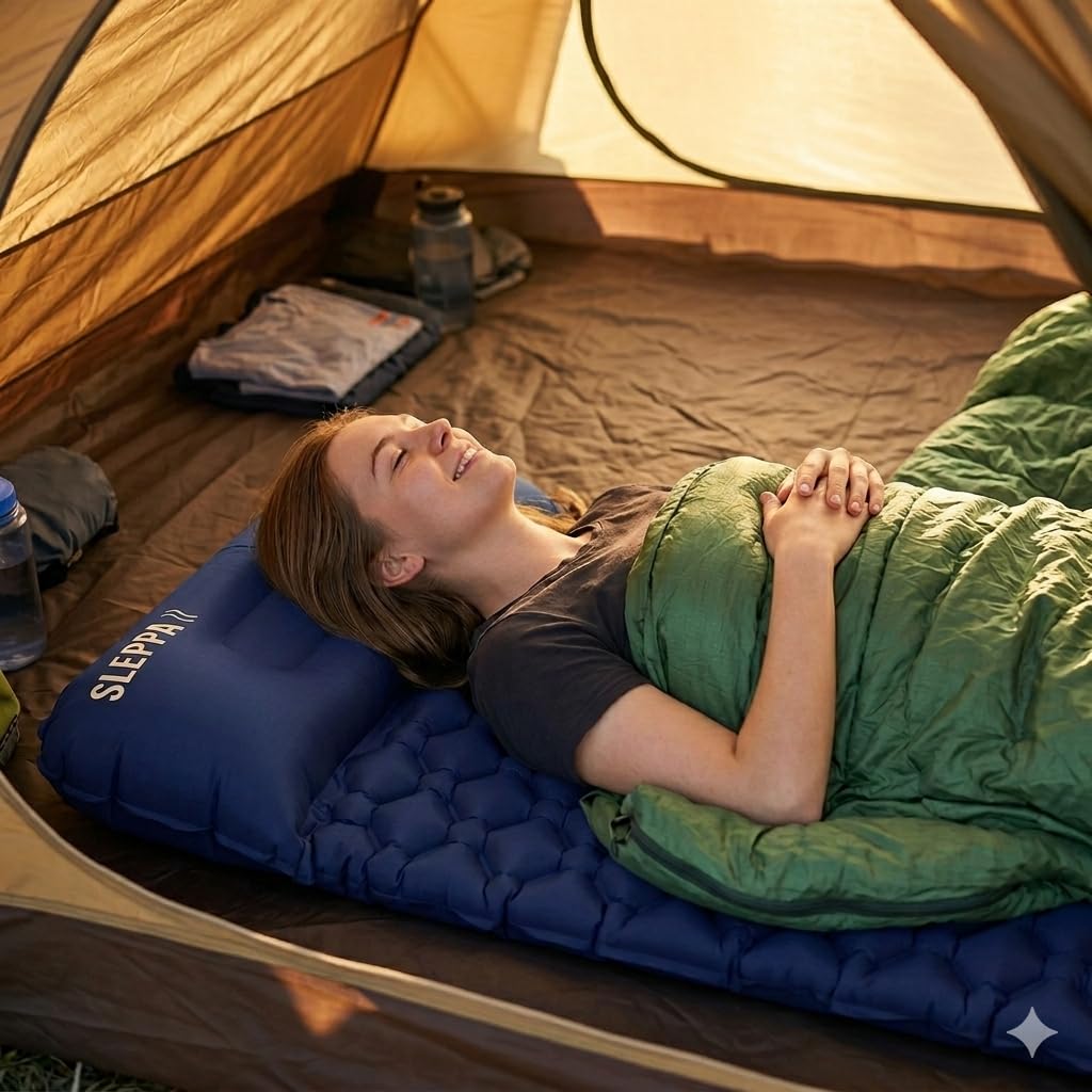 SLEPPA Matelas de Camping Gonflable Ultraléger avec Oreiller Intégré — 590g — Tapis de Sol TPU Autogonflant Imperméable pour Randonnée, Bivouac, Trek, Festival