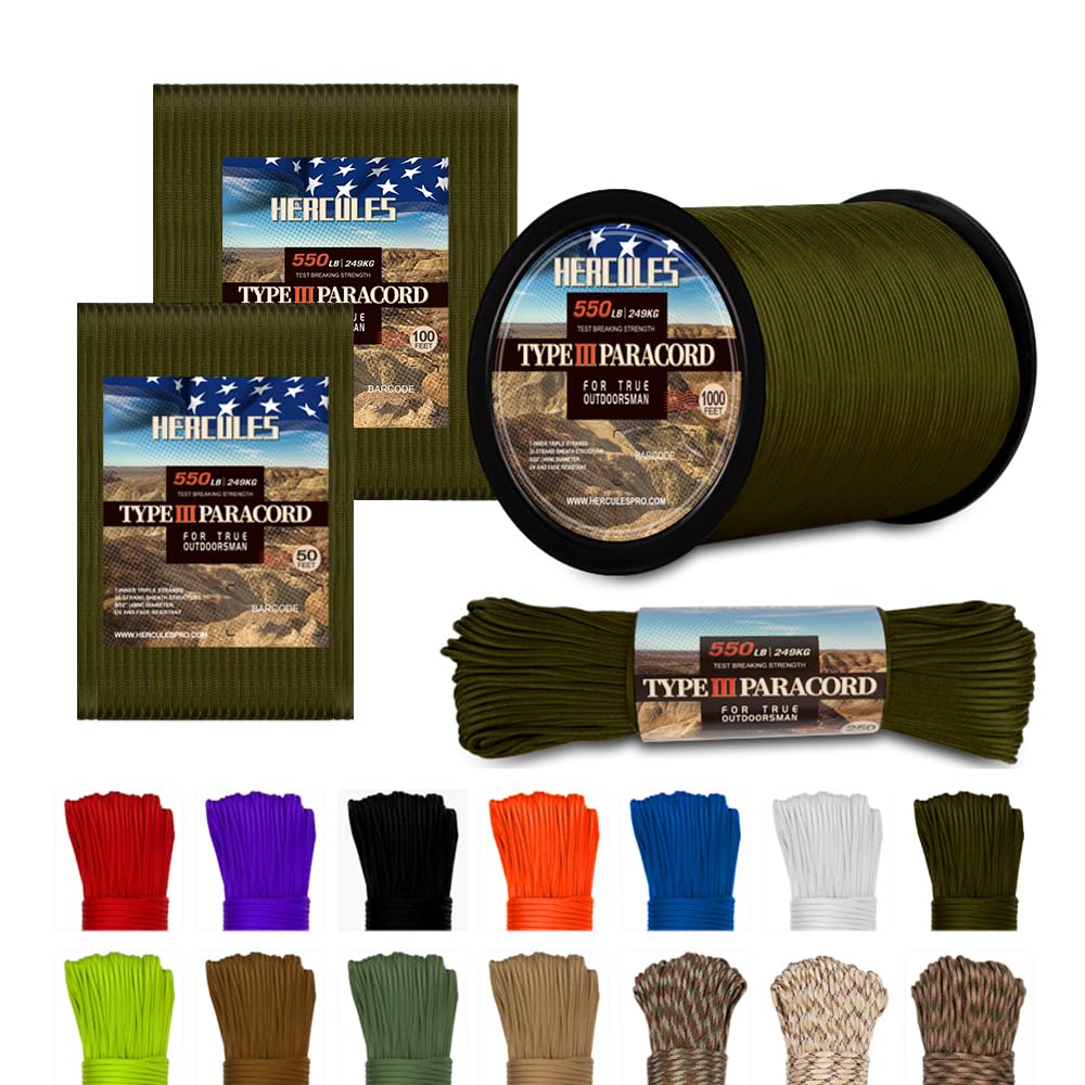 HERCULES Tipo III Paracord 550 Corda Paracord Corda per paracadute, verde militare da 50' per fai da te, campeggio, sopravvivenza, all'aperto