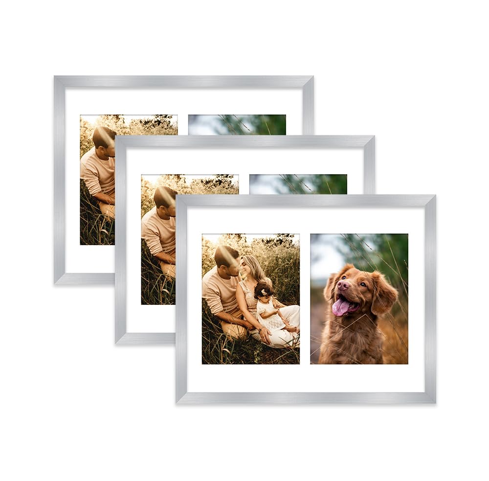 Silver Multi Photo Frame - Holds 2 x 8x6 Pictures, Family Collage Picture Frame for Wall Display, 14x11 Frame size, Set of 3