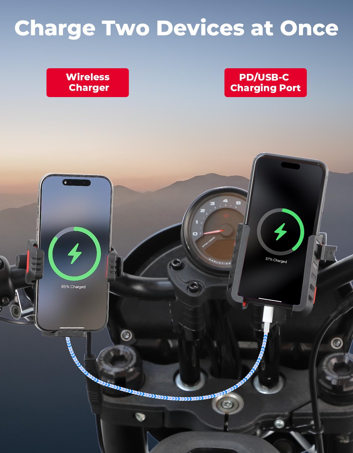 KEMIMOTO Motocyklowy uchwyt na telefon komórkowy z bezprzewodową ładowarką 15 W i przyłączem szybkiego ładowania PD/USB-C 33 W, amortyzator antywibracyjny i ochrona przed kradzieżą, regulacja 360°, do