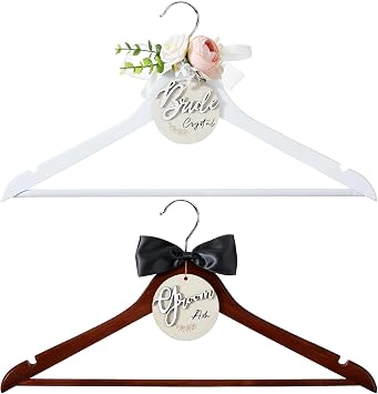 FillTouch 2 Pack Bride Groom Hangers for Wedding Dress with Bow, Pink