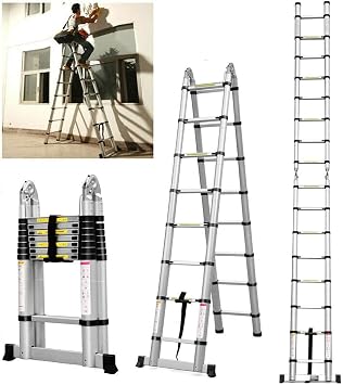 Robust Stainless Steel Telescopic Folding Ladder - 6.2FT x 6.2FT, 6+6 Rungs, 330 lb Load Capacity EN131
