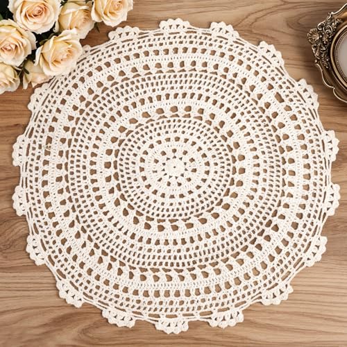 Qulkws 18 Inch Doilies for Tables Beige Round Lace Tablecloths Handmade Crochet Cotton Lace Table Placemats Doilies Vintage Laces Placemats for Home Kitchen Dining Room Wedding Party Decoration