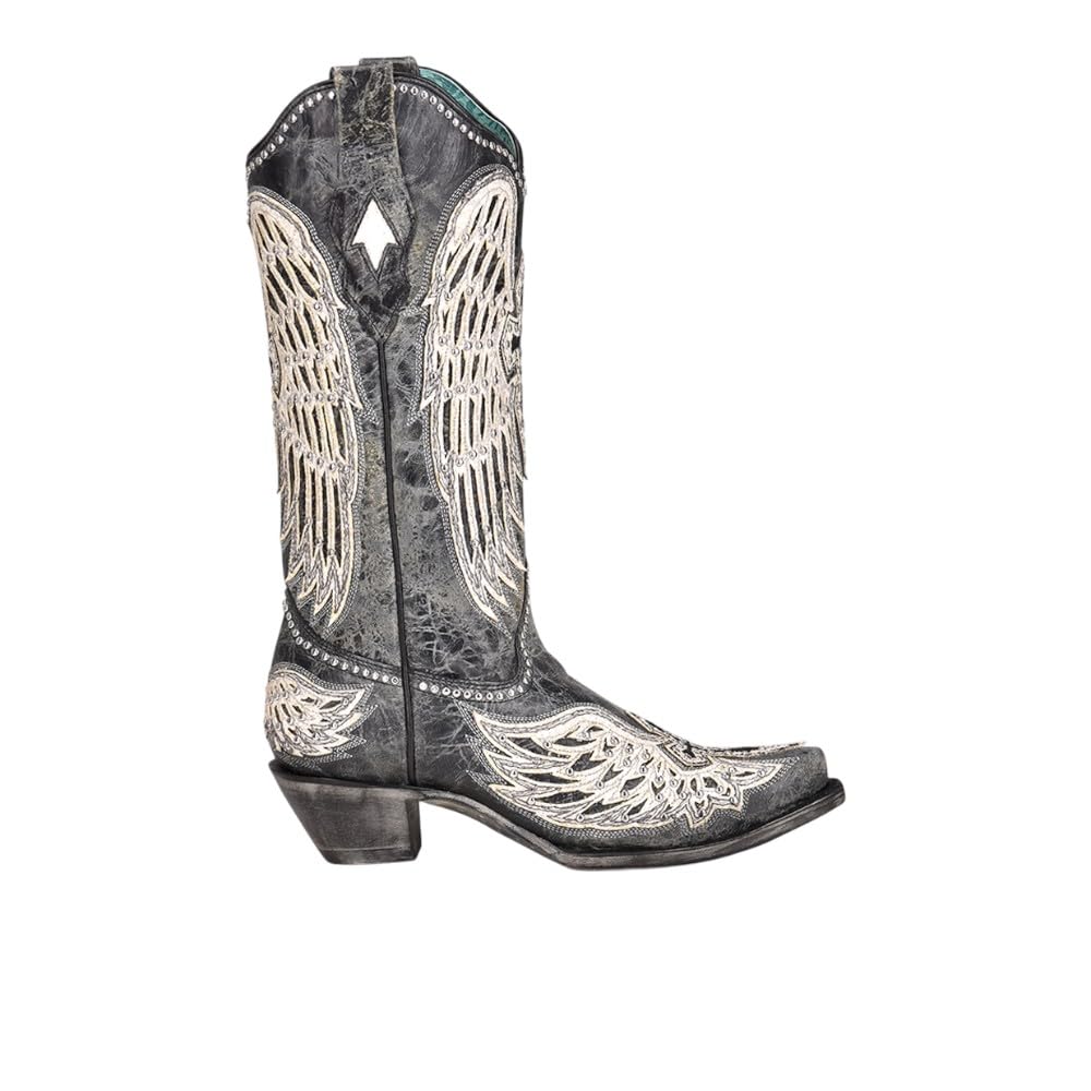 CORRAL LADIE'S BLACK CROSS AND WINGS OVERLAY AND STUDS SNIP TOE LEATHER SOLE WESTERN A4232