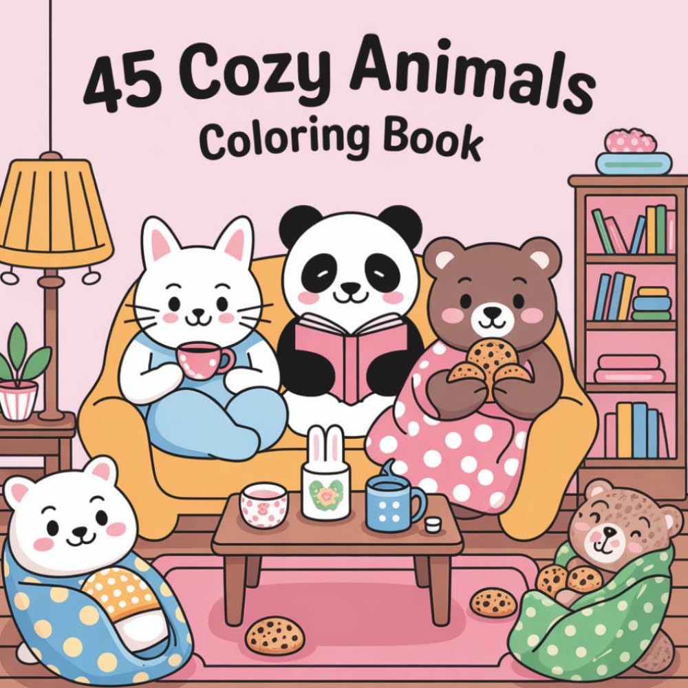 45 Cozy Animals Coloring Book: Cute Animals Doing Cozy Everyday Things – A Relaxing Coloring Book for Adults and Teens