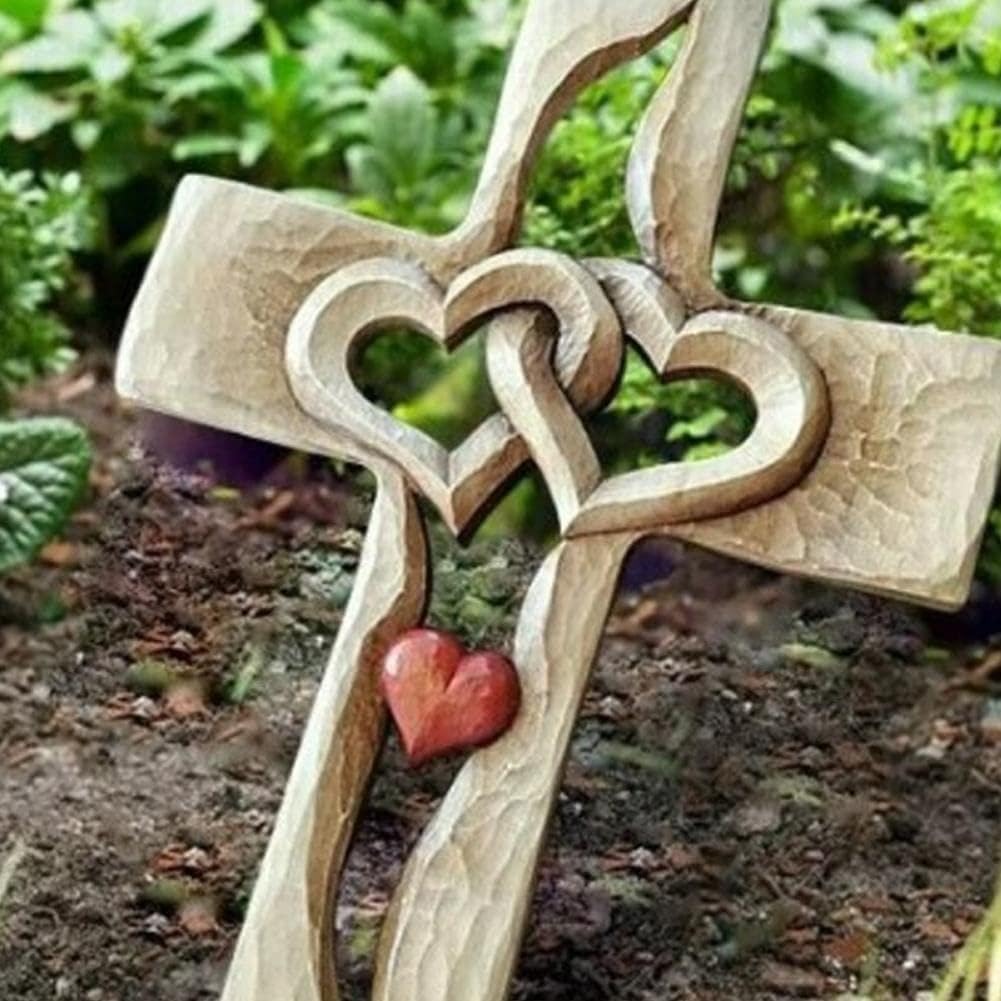 Cruz de madera tallada entrelazada corazones crucifijo ornamento dos corazones colgando mano unión pared miniatura