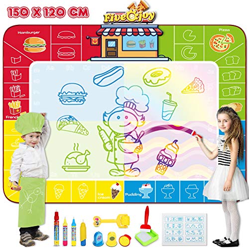 Sunyjoy Agua Dibujo Pintura, 150x120cm Agua Doodle Dibujo Agua Niños, Estera de Agua Doodle con Figuras de Comidas y bebidas y Libro de Tutorial Juguetes Educativo para Niño Regalo Ideal de Cumpleaños