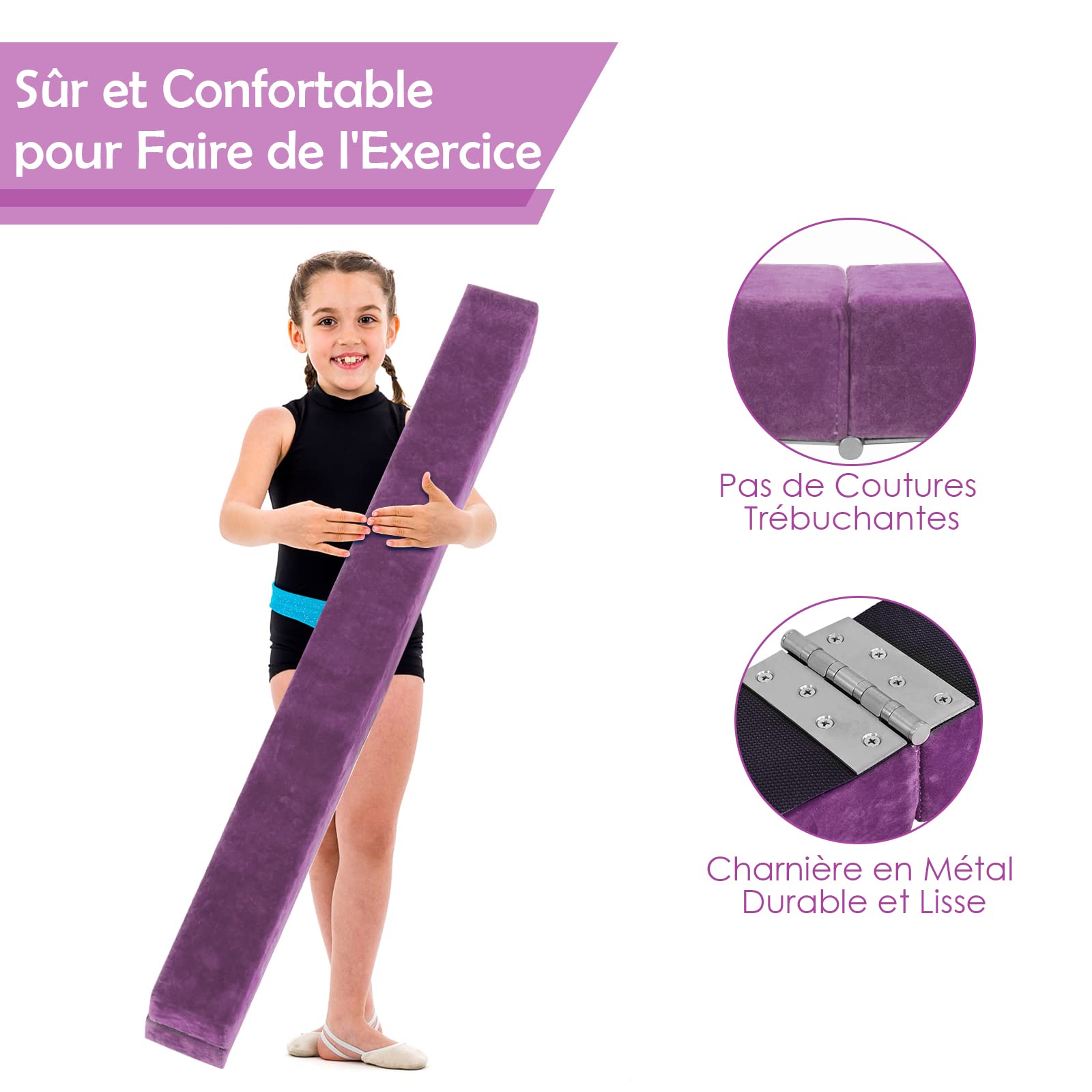 COSTWAY Poutre de Gymnastique Pliable, Barre de Gymnastique au Sol Portable en Mousse avec Housse en Daim Amovible et Fond Antidérapant Poignées, pour Enfants, Gymnastes