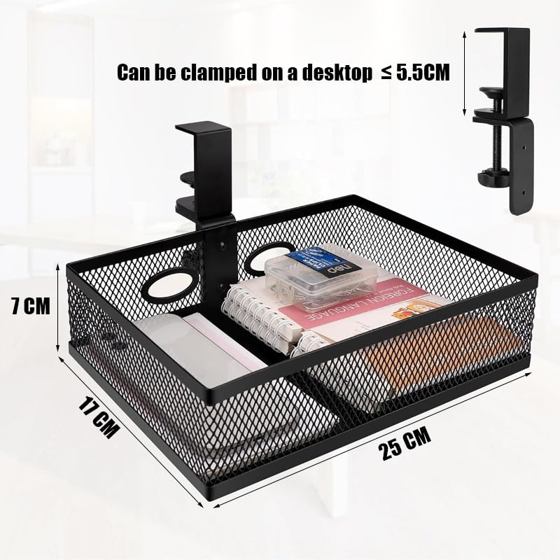 Cobenga Mesh Desk Organiser, 360° Clip-on Swivel Under Desk Drawer Organiser, Rotating Hidden Tidy Organiser - Image 2