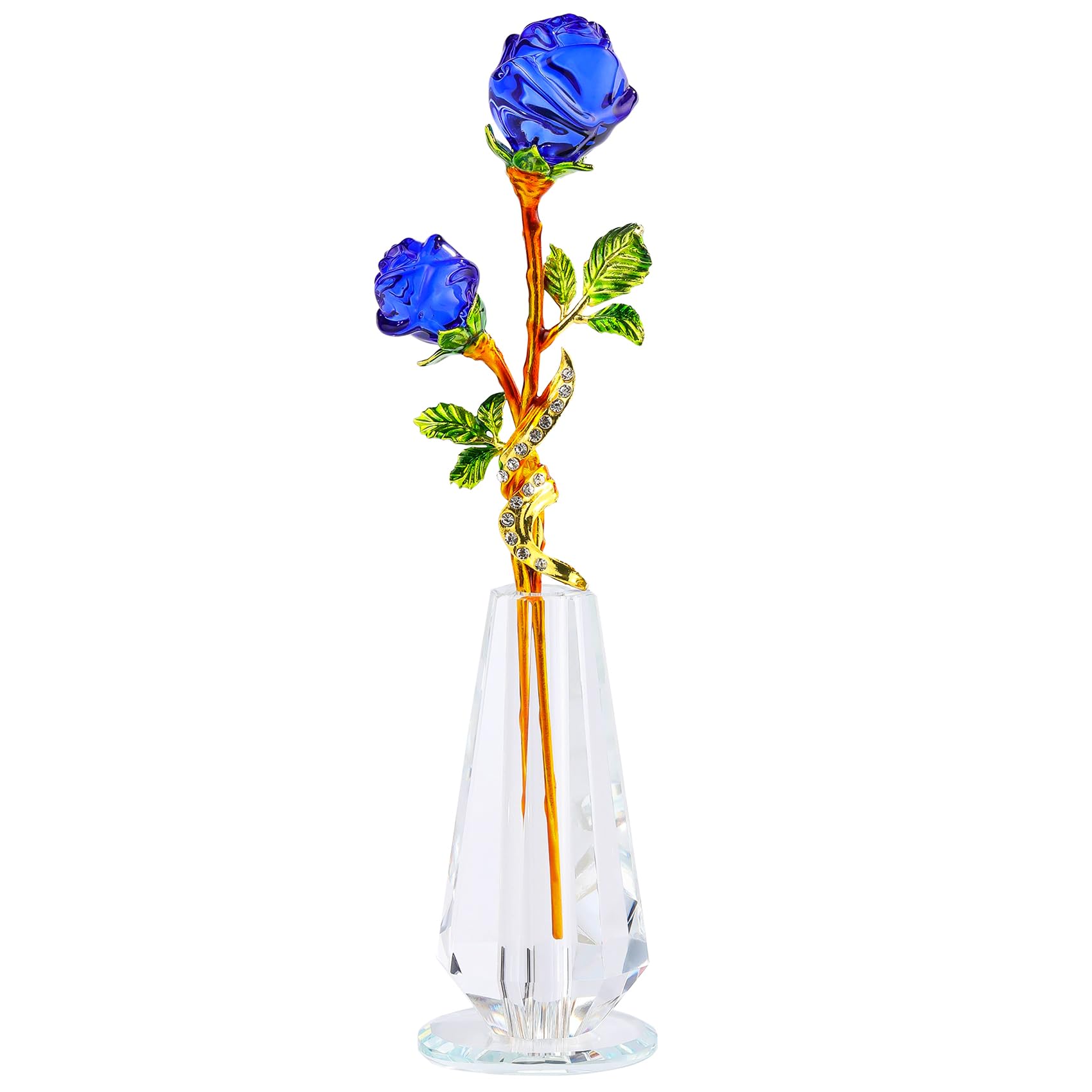 YWHL Handmade Crystal Blue Rose Flower Figurine with Vase, Bouquet Glass Flowers Ornament Rose Gifts for Girlfriend Sister Women, Crystal Flower Home Decor for Valentine's Day Mother's Day Wedding